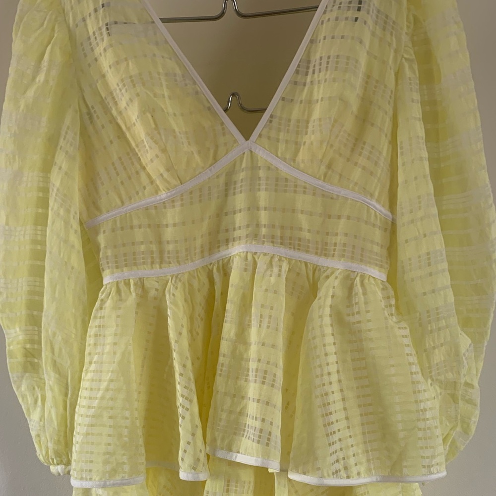 STAUD Yellow Sheer Organza Tiered Mini Dress Puff Sleeve V Neck Size 2 NWOT - Picture 4 of 12